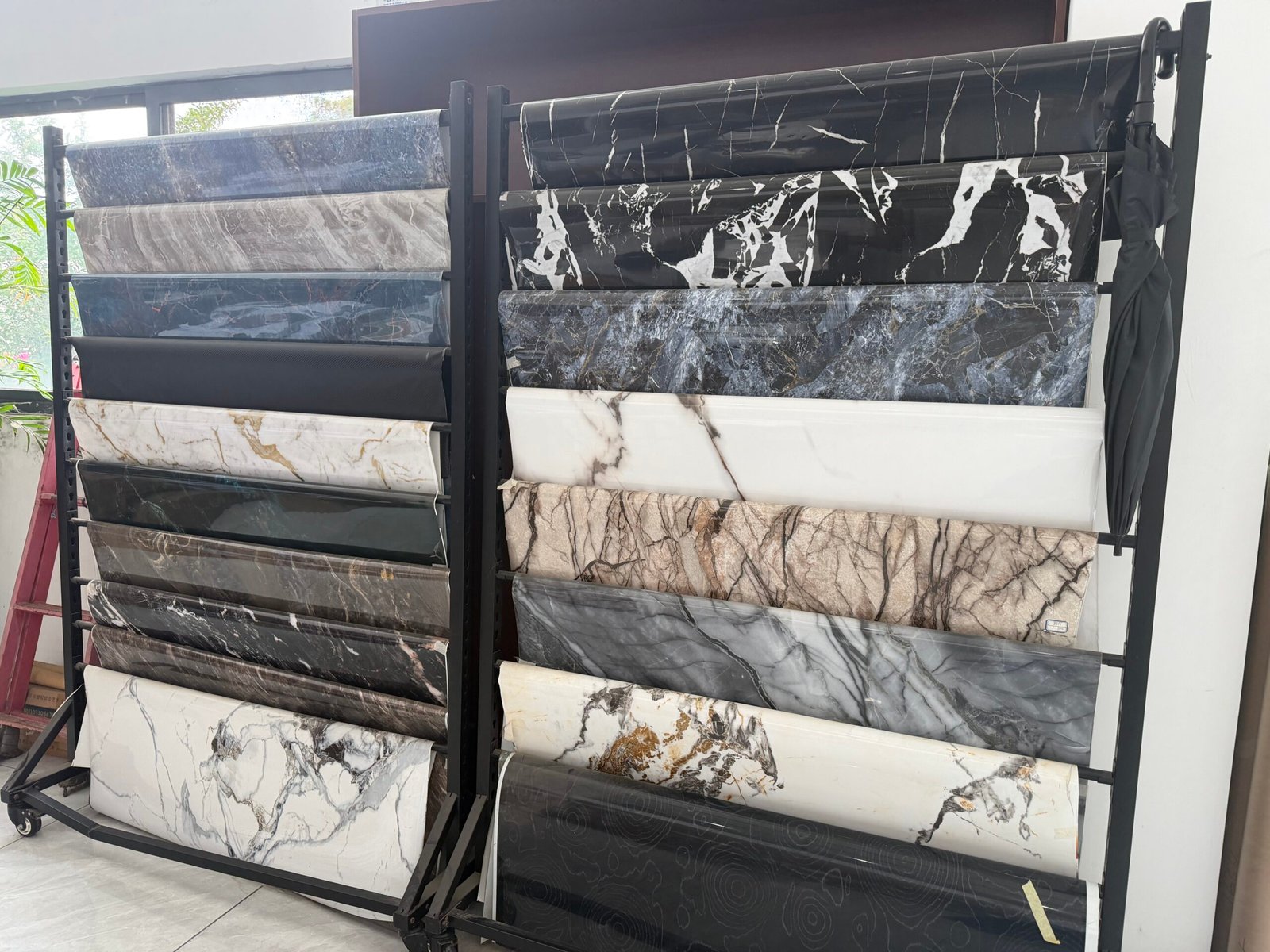 High Gloss PVC Film High gloss marble pvc film sample rack, stone‑look pvc decorative foil for furniture