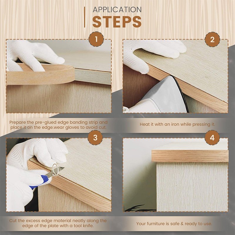 pvc edge banding application steps, 4‑step installation guide for pre‑glued furniture edge banding strip